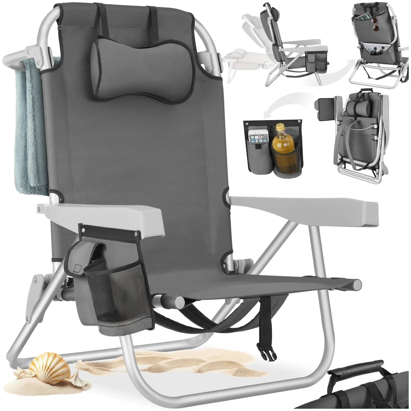 tectake Aluminium Strandstuhl klappbar mit Rucksackfunktion