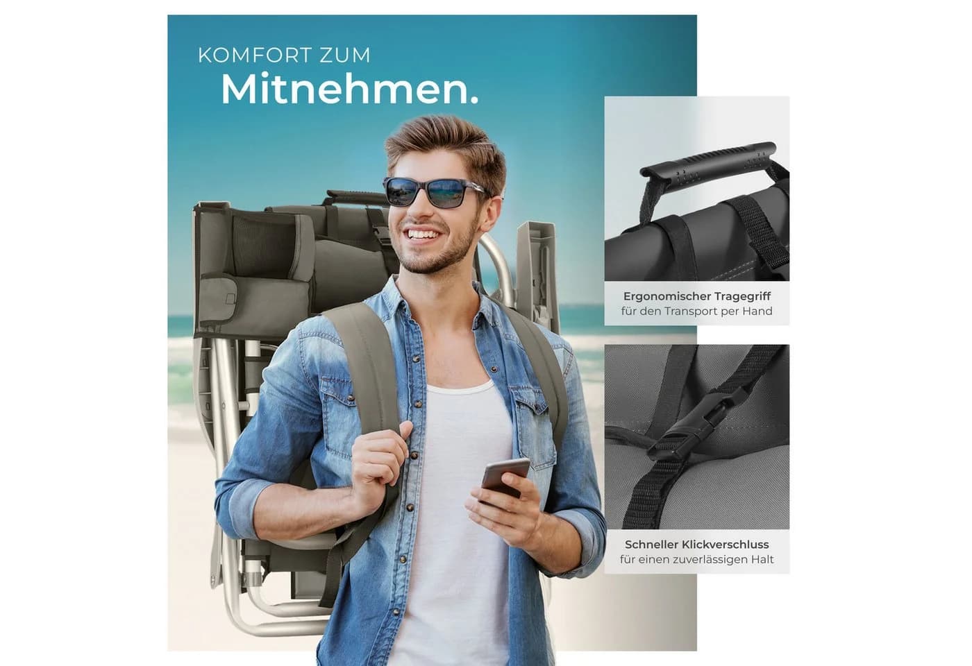 tectake Aluminium Strandstuhl klappbar mit Rucksackfunktion - Bild 5
