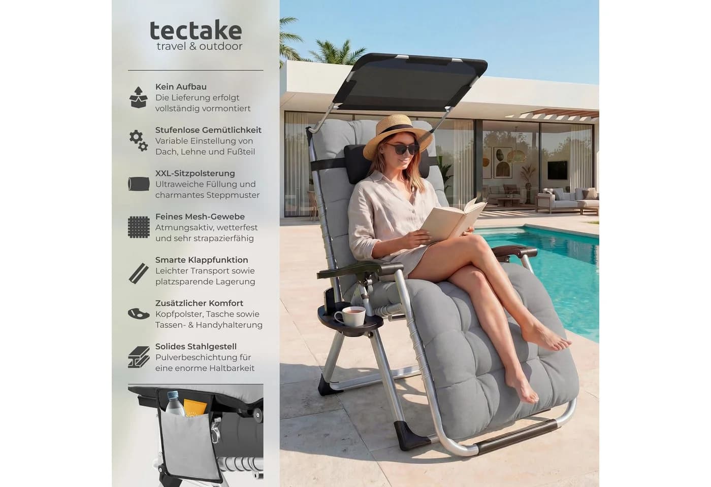 TecTake Sonnenliege Klappbar Flexible Rückenlehne