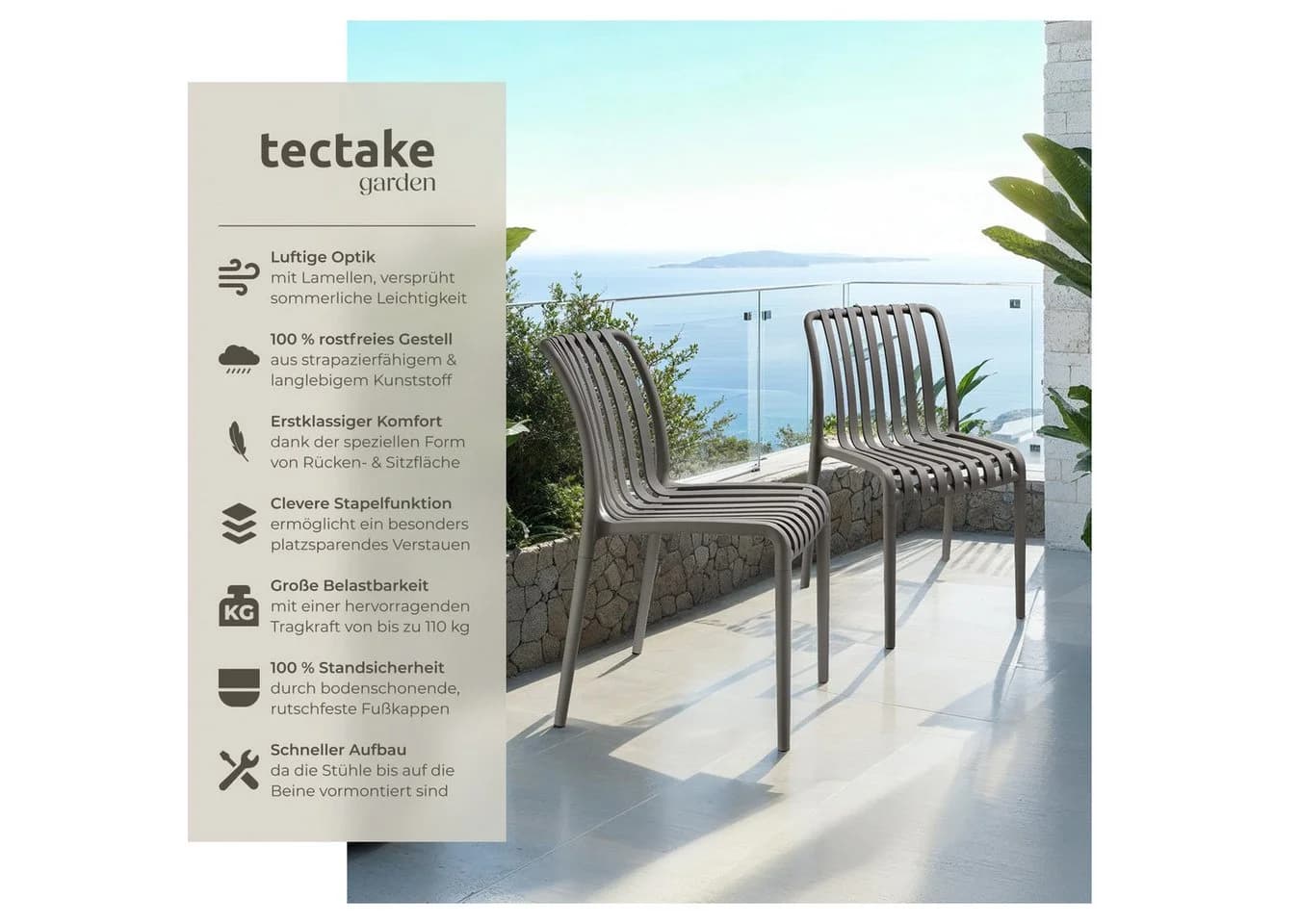 TECTAKE Gartenstuhl Alcudia 6er-Set Grau Stapelbar Wetterfest