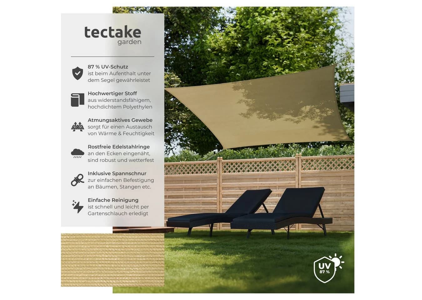 tectake® Sonnensegel Sunny HDPE 185 g/m² 87 % UV-Schutz