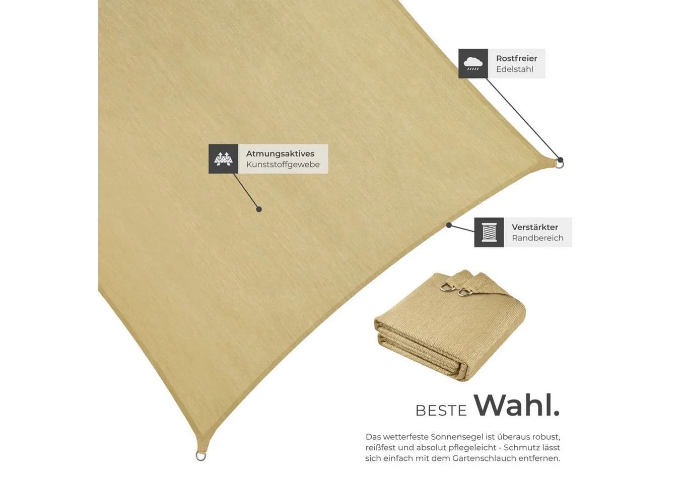tectake® Sonnensegel Sunny HDPE 185 g/m² 87 % UV-Schutz - Bild 5