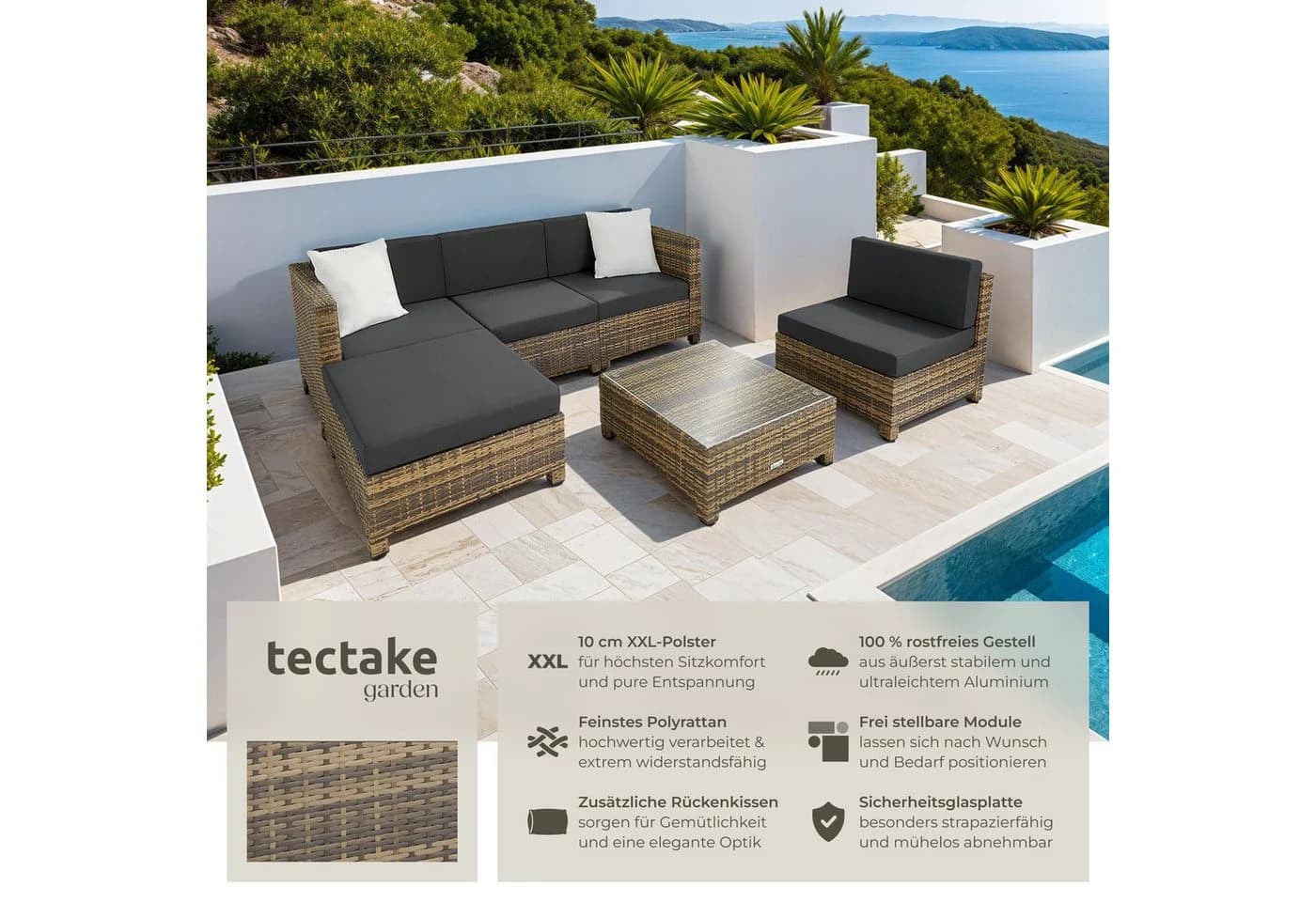tectake Loungeset Rattan 6-tlg. Beige/Grau Aluminium