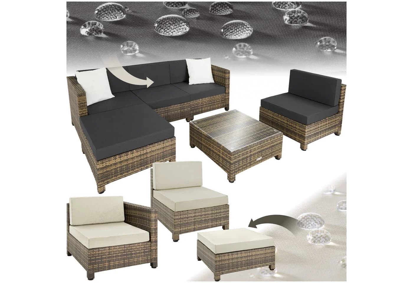 tectake Loungeset Rattan 6-tlg. Beige/Grau Aluminium - Bild 2