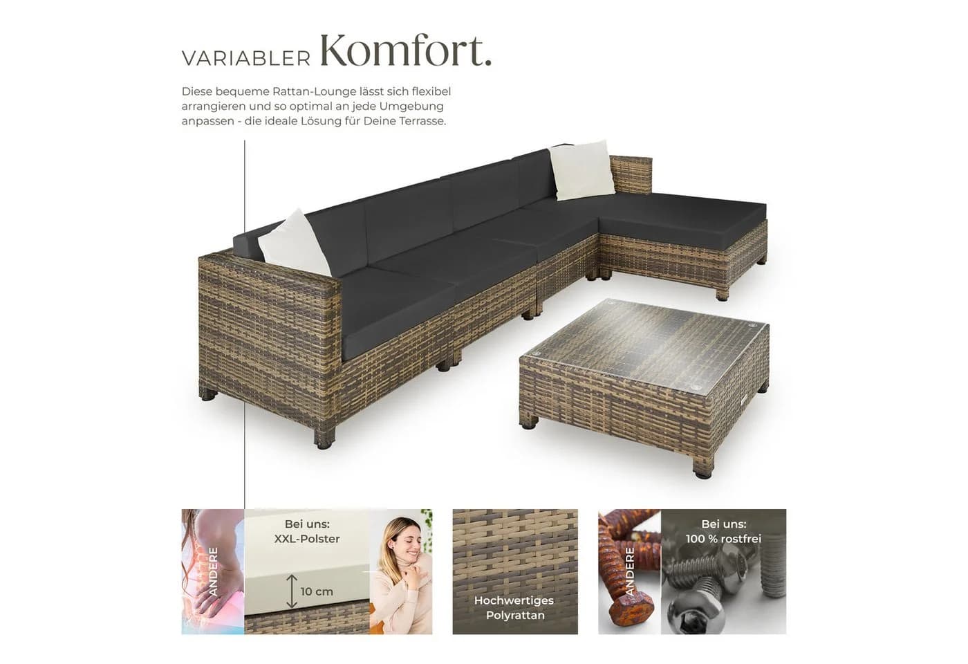tectake Loungeset Rattan 6-tlg. Beige/Grau Aluminium - Bild 3