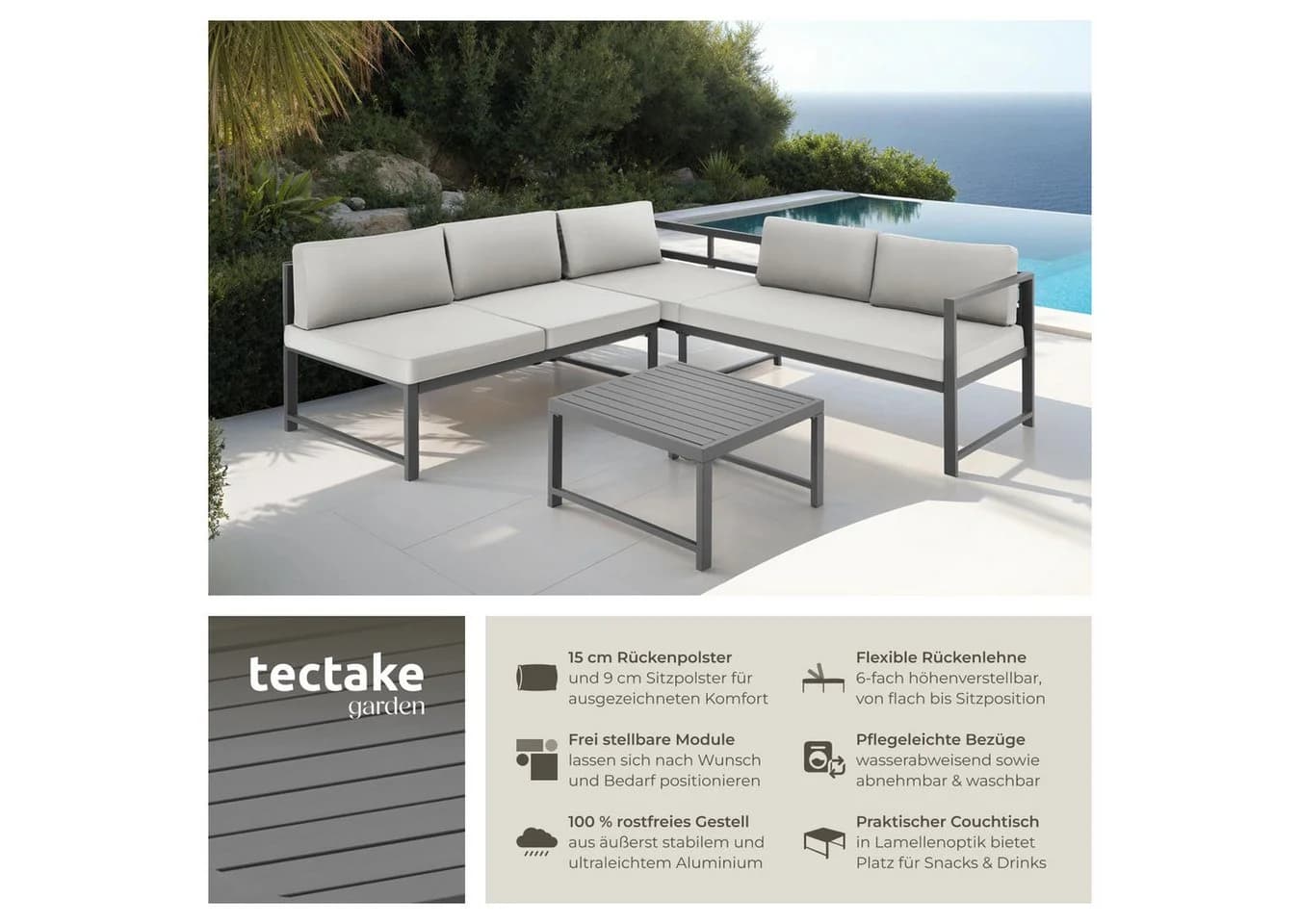 tectake Gartenlounge-Set Aluminium 3-tlg. Grau mit verstellbarer Lehne