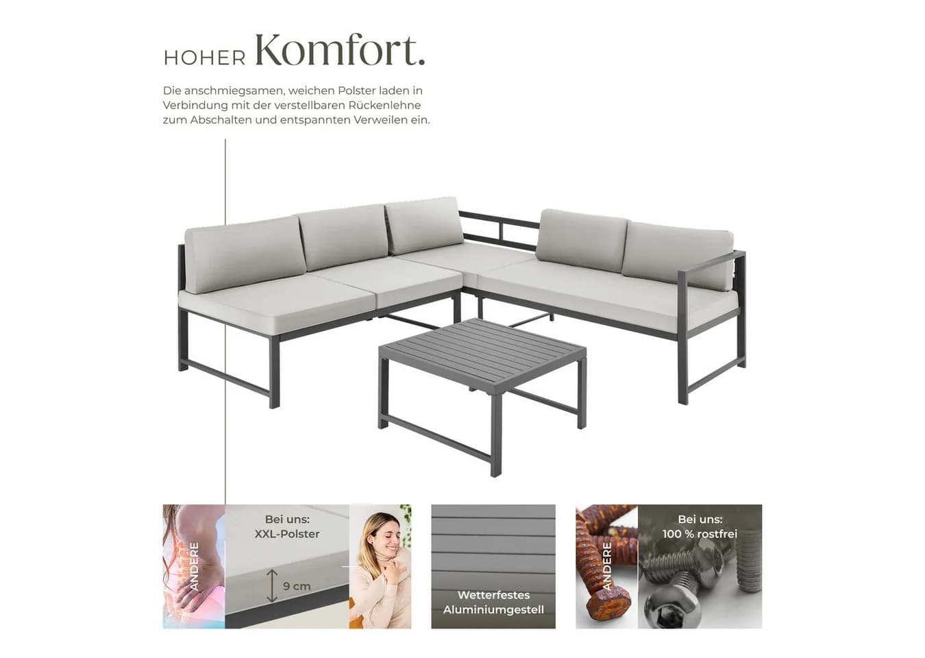 tectake Gartenlounge-Set Aluminium 3-tlg. Grau mit verstellbarer Lehne - Bild 3