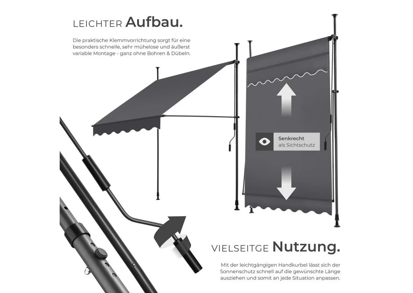 TECTAKE Klemm-Senkrechtmarkise Schwarz/Grau UV-beständig Wasserabweisend - Bild 3