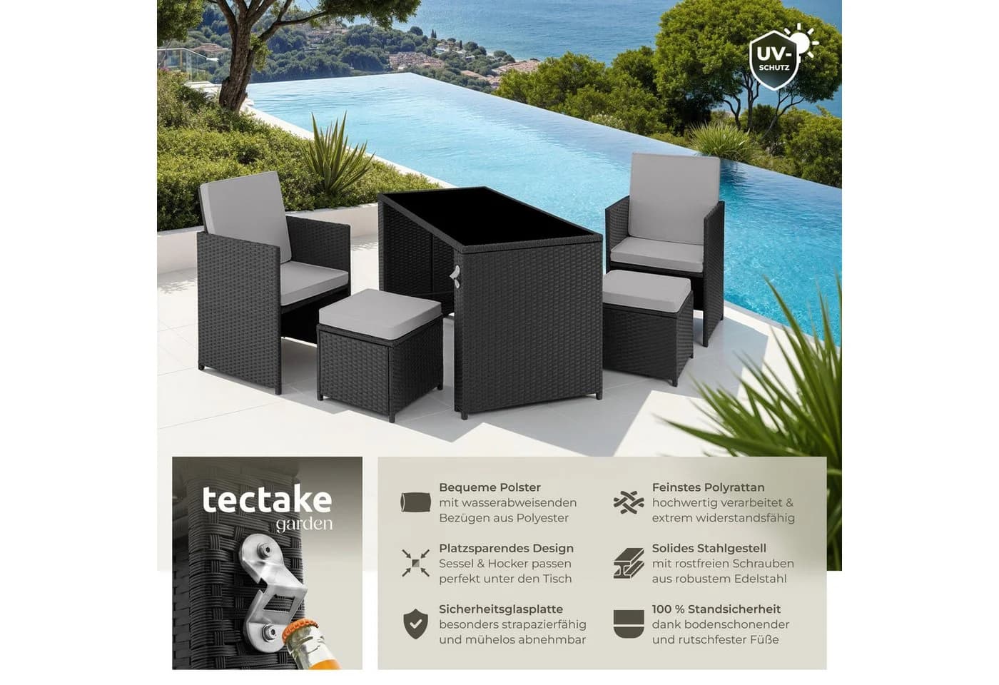 tectake Sitzgruppe Rattan 5-tlg. Schwarz/Grau mit Kissen
