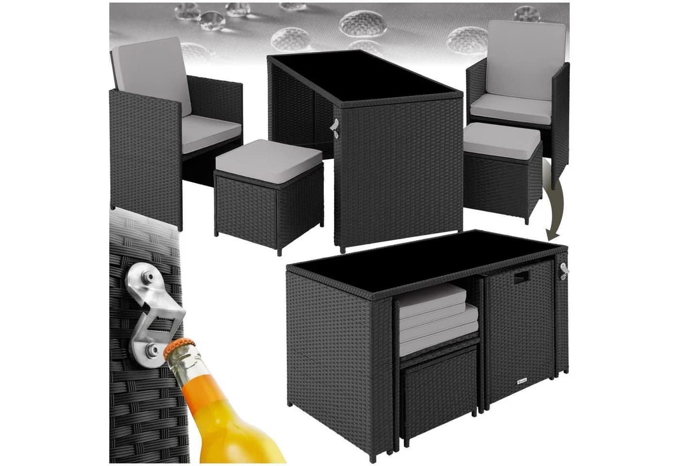 tectake Sitzgruppe Rattan 5-tlg. Schwarz/Grau mit Kissen - Bild 2