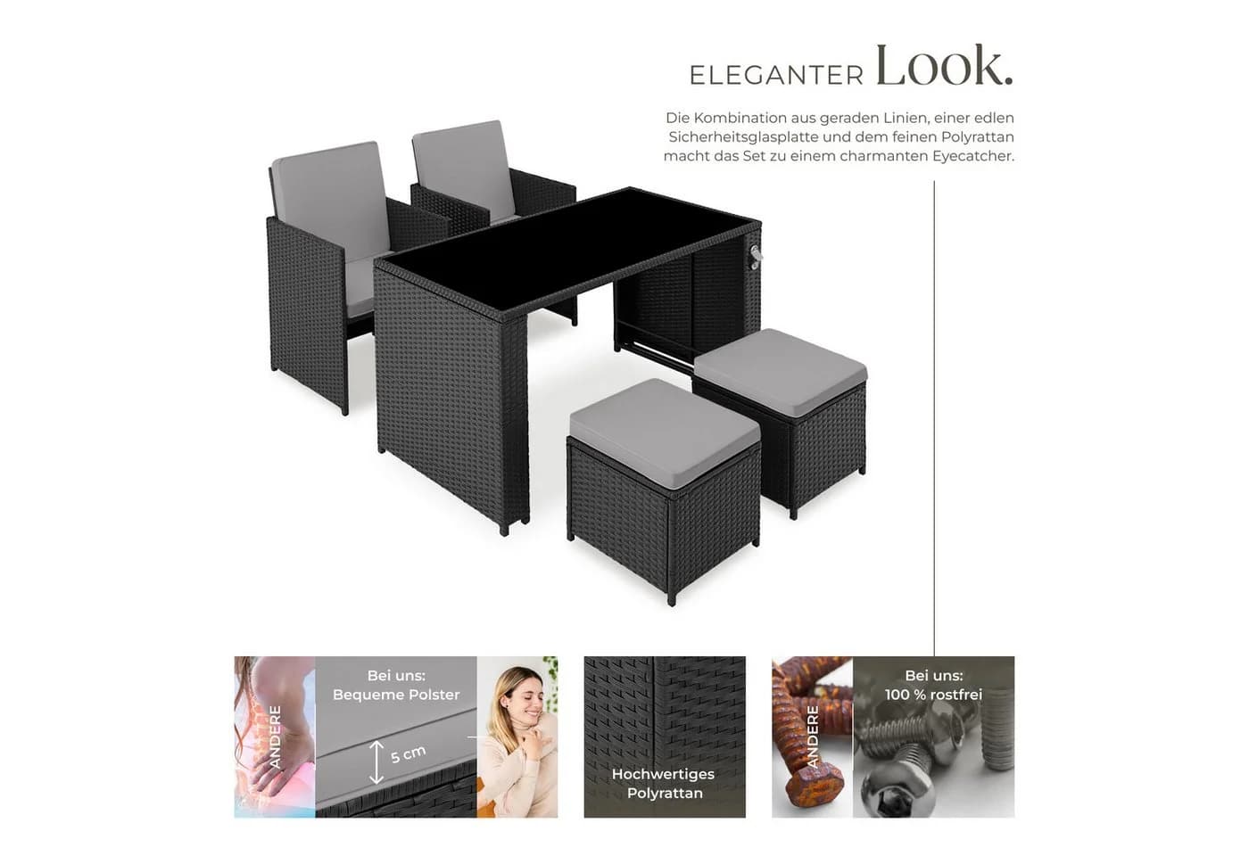 tectake Sitzgruppe Rattan 5-tlg. Schwarz/Grau mit Kissen - Bild 3