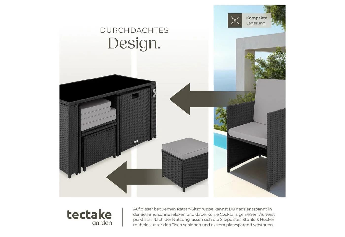 tectake Sitzgruppe Rattan 5-tlg. Schwarz/Grau mit Kissen - Bild 4