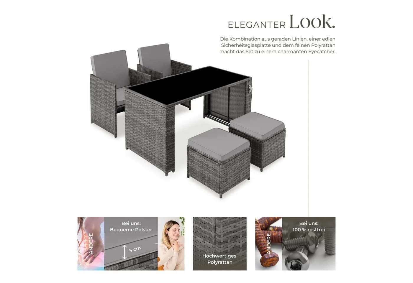 tectake Sitzgruppe Rattan Palermo 5-tlg. Grau UV-beständig - Bild 3