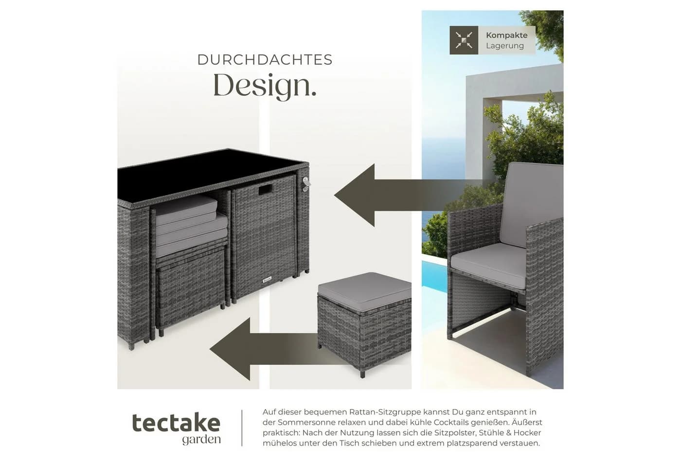 tectake Sitzgruppe Rattan Palermo 5-tlg. Grau UV-beständig - Bild 4