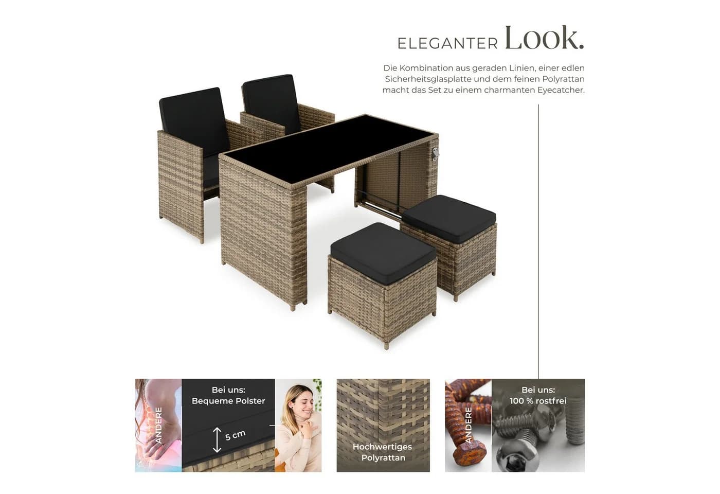 tectake Sitzgruppe Rattan 5-tlg. Natur/Schwarz Poly Rattan - Bild 3