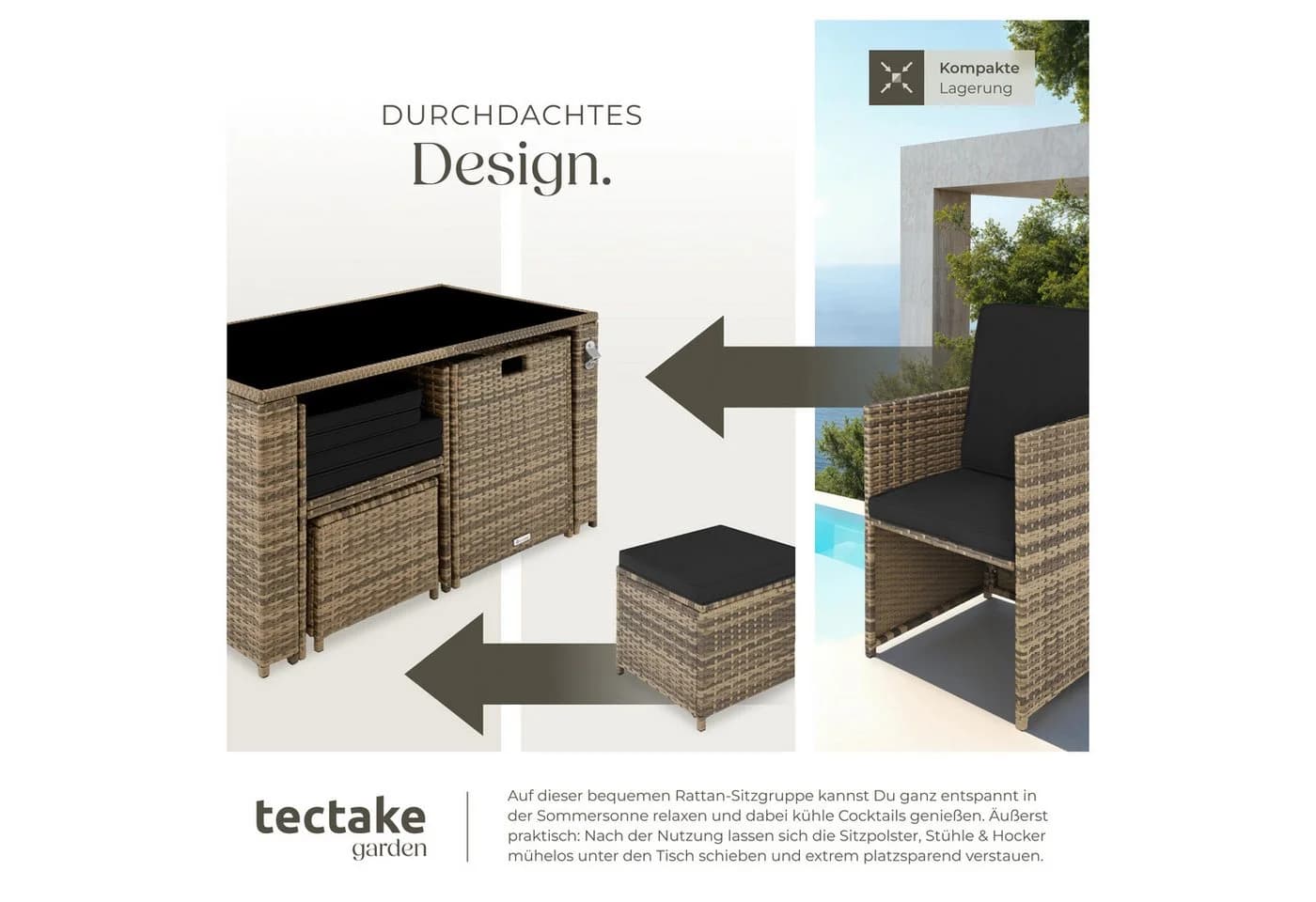 tectake Sitzgruppe Rattan 5-tlg. Natur/Schwarz Poly Rattan - Bild 4