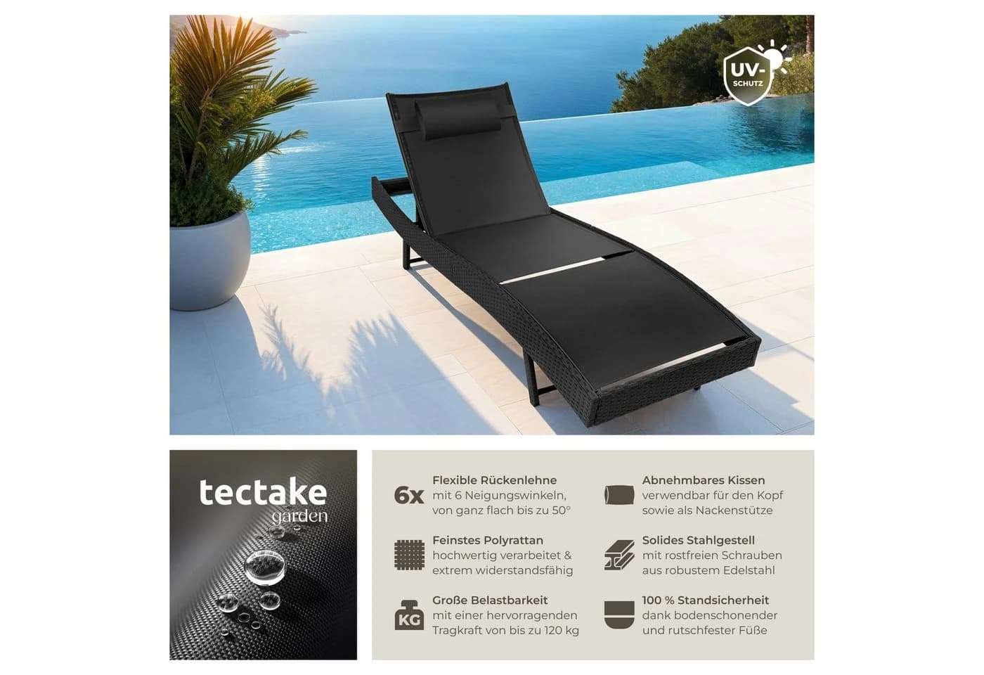 TECTAKE Gartenliege Moana Schwarz Verstellbar