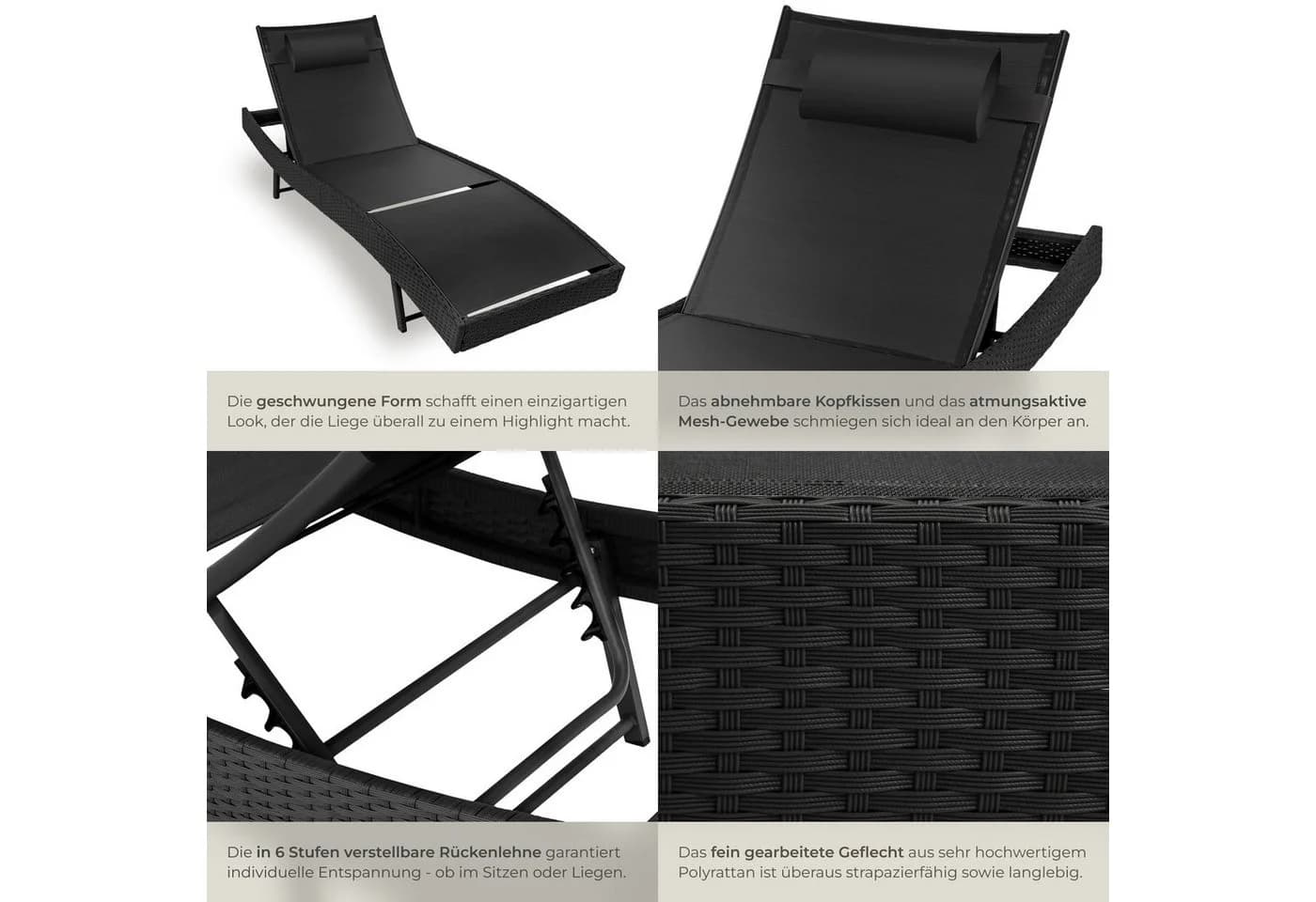 TECTAKE Gartenliege Moana Schwarz Verstellbar - Bild 5