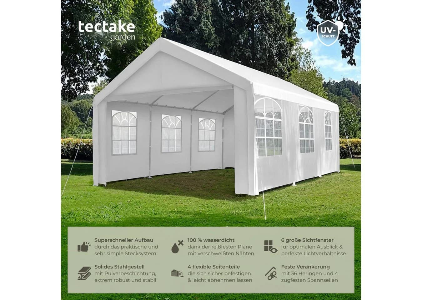 tectake Pavillon Jasko 6x4m mit 4 Seitenteilen Weiß