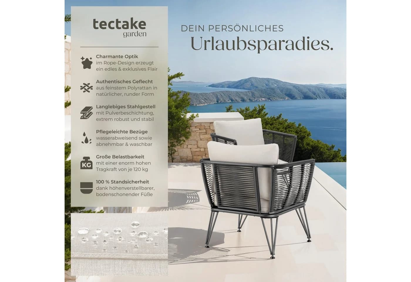 TECTAKE Garten-Loungesessel Sundo 2-tlg. Rope-Design Grau