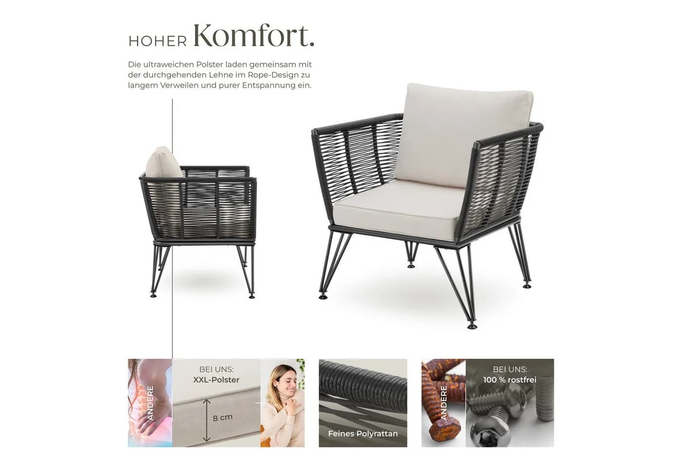 TECTAKE Garten-Loungesessel Sundo 2-tlg. Rope-Design Grau - Bild 3