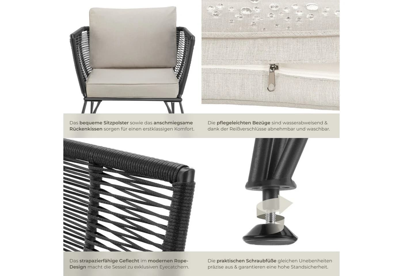 TECTAKE Garten-Loungesessel Sundo 2-tlg. Rope-Design Grau - Bild 5