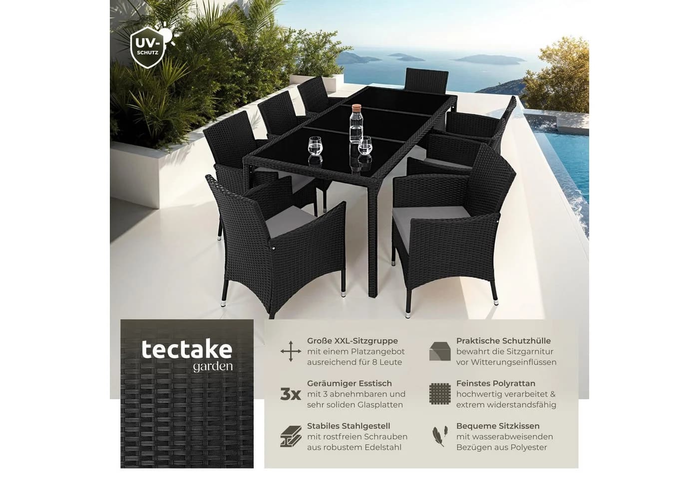 tectake Sitzgruppe 9-tlg. Schwarz/Grau Polyrattan mit Kissen