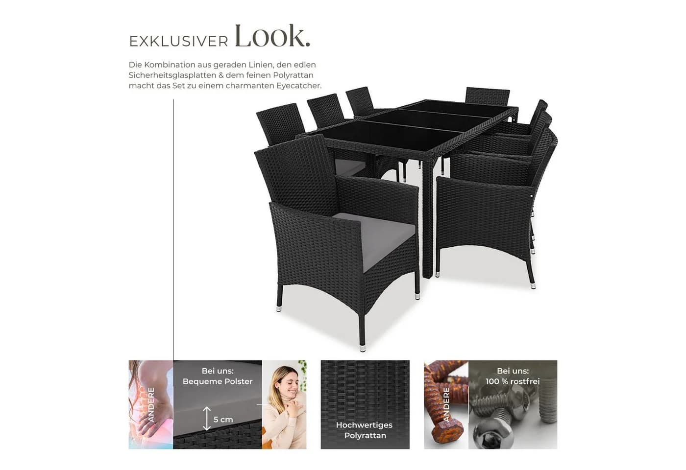 tectake Sitzgruppe 9-tlg. Schwarz/Grau Polyrattan mit Kissen - Bild 3