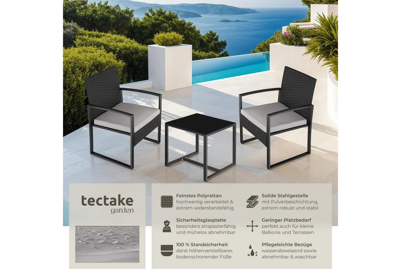 tectake Sitzgruppe Rattan 3-tlg. Schwarz/Grau mit Glasplatte