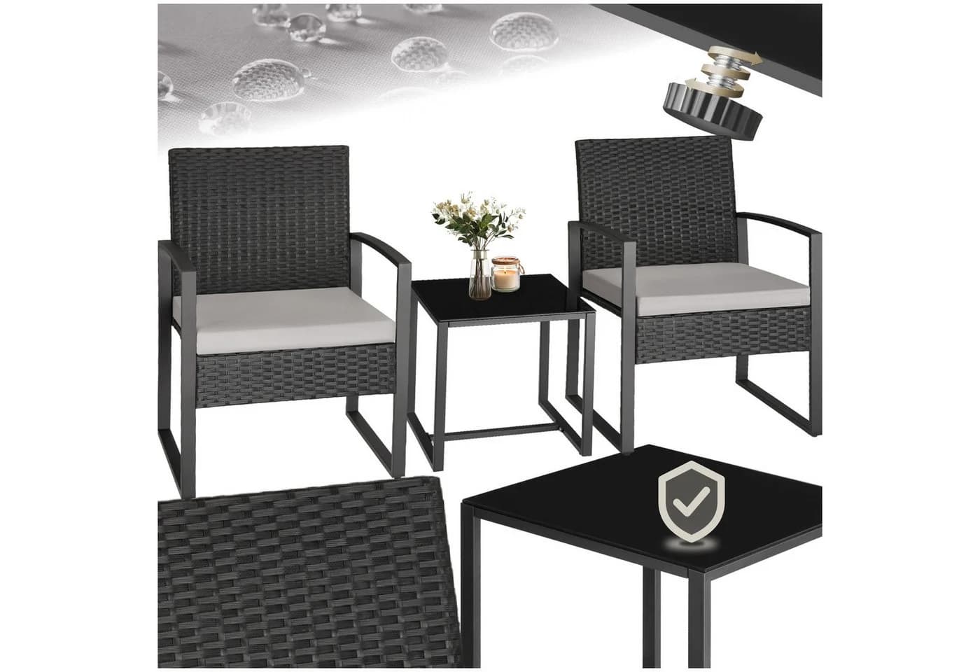tectake Sitzgruppe Rattan 3-tlg. Schwarz/Grau mit Glasplatte - Bild 2