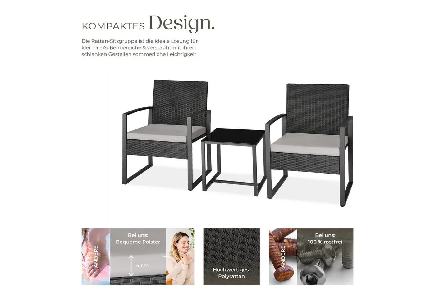 tectake Sitzgruppe Rattan 3-tlg. Schwarz/Grau mit Glasplatte - Bild 3