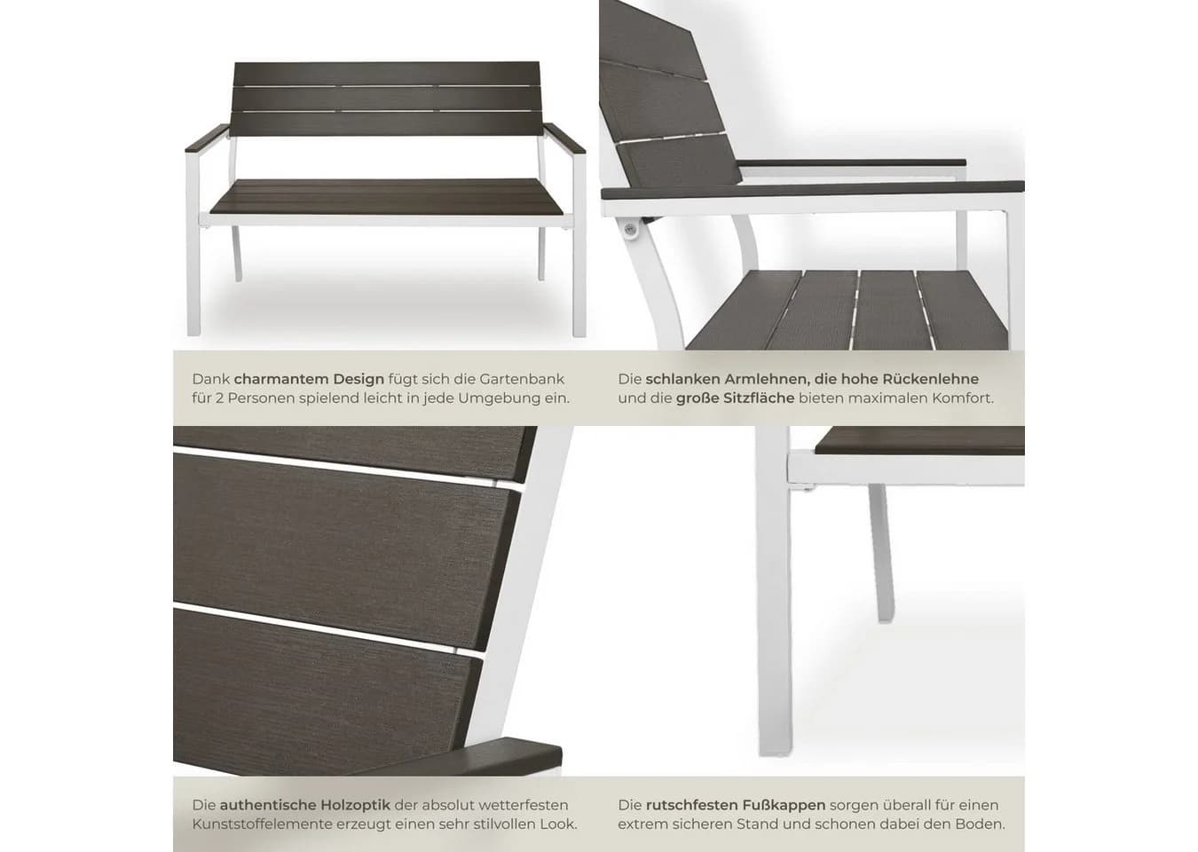 TECTAKE Gartenbank Line 2-Sitzer Grau/Weiß Aluminiumrahmen - Bild 5