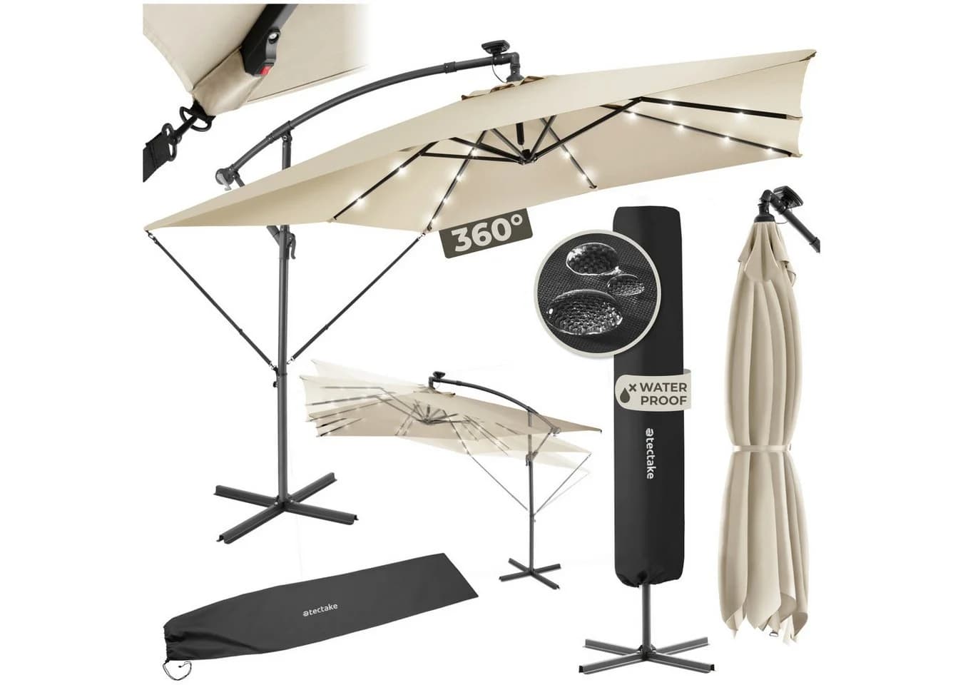 TECTAKE Ampelschirm Sunna Beige mit Solar-LED & Winddach - Bild 2