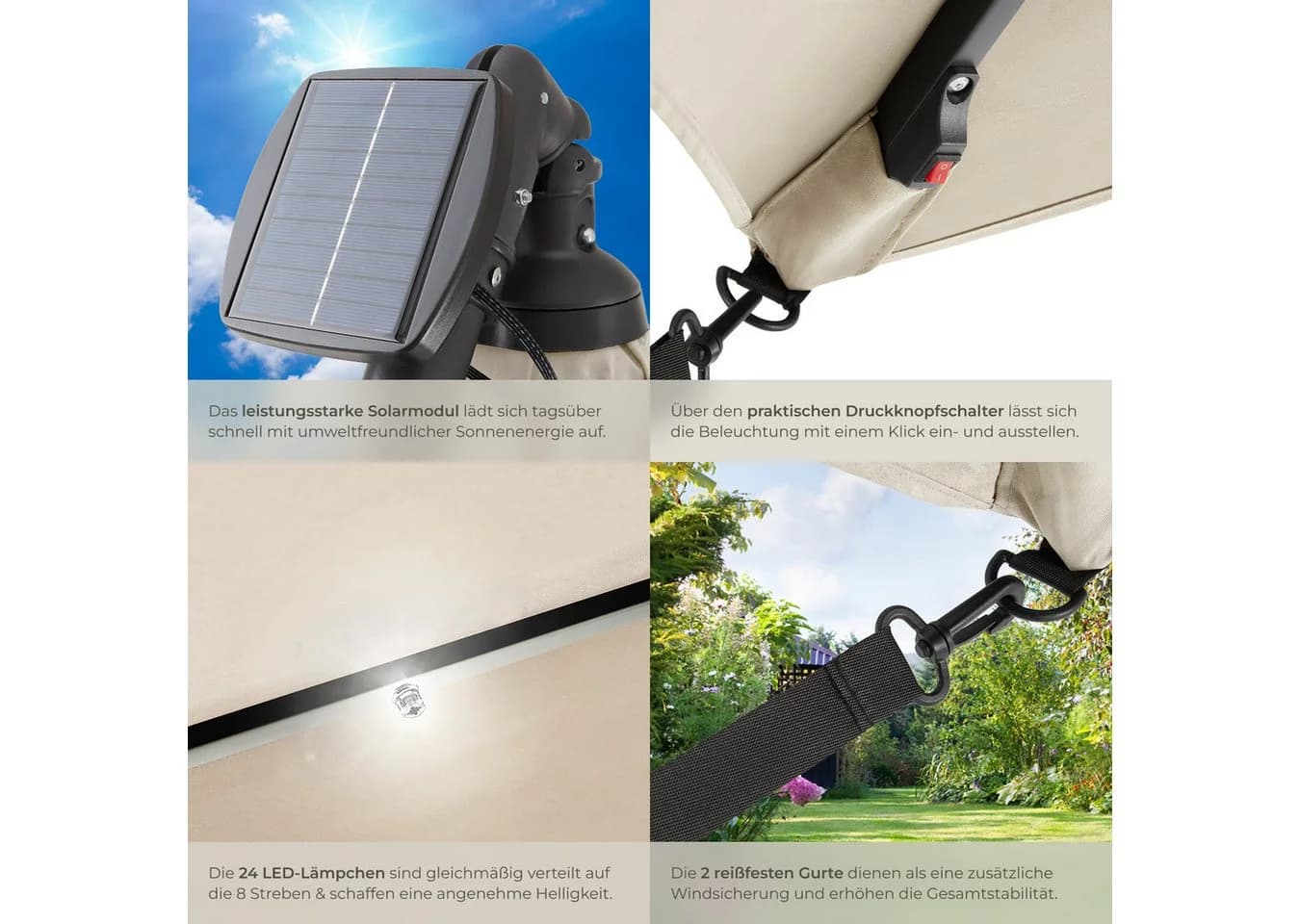 TECTAKE Ampelschirm Sunna Beige mit Solar-LED & Winddach - Bild 4