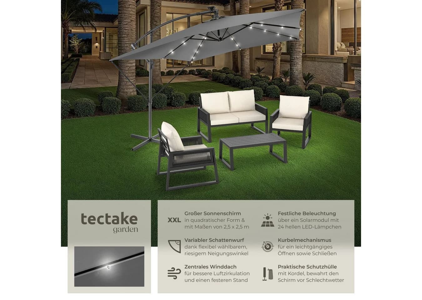 tectake Ampelschirm Sunna 250x250 cm Hellgrau mit LED Solar-Beleuchtung