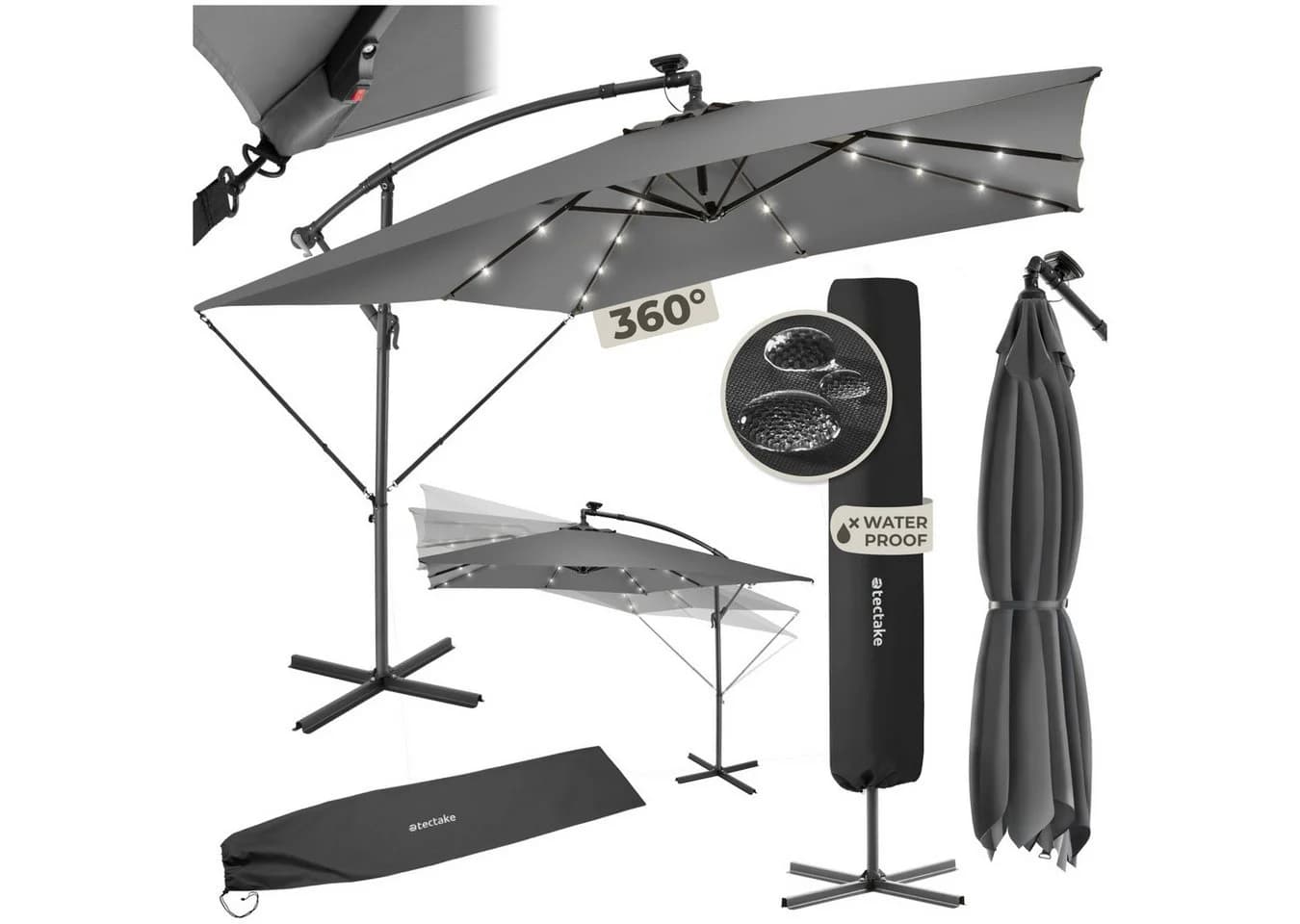 tectake Ampelschirm Sunna 250x250 cm Hellgrau mit LED Solar-Beleuchtung - Bild 2