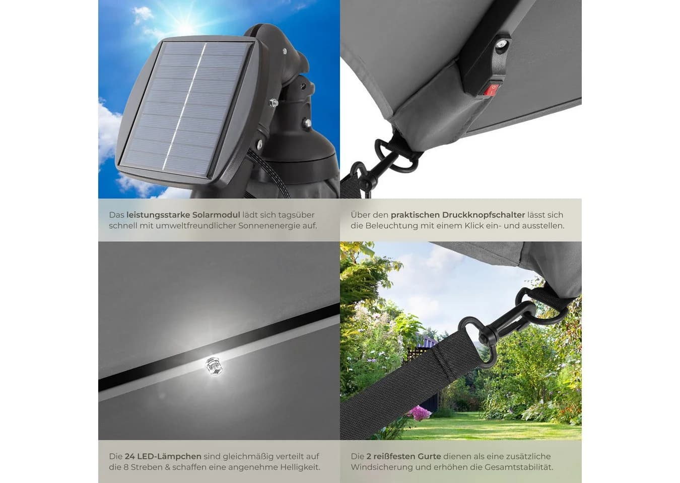 tectake Ampelschirm Sunna 250x250 cm Hellgrau mit LED Solar-Beleuchtung - Bild 4