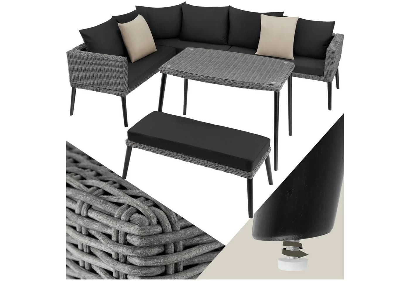 TECTAKE Loungeset Pula 3-tlg. Grau Aluminium Rattan mit Glasplatte - Bild 2