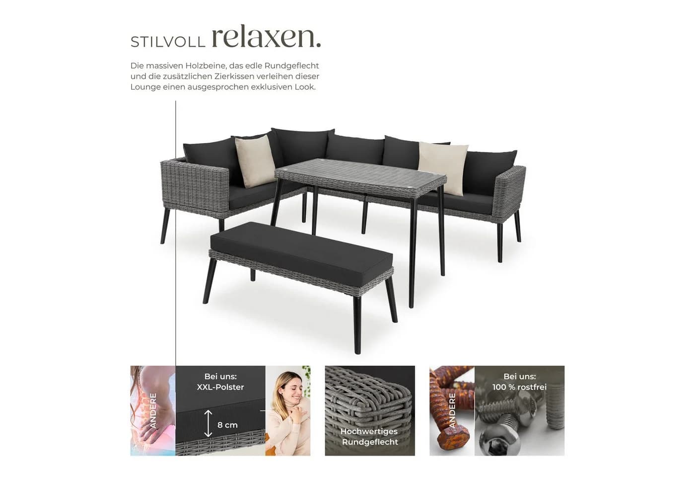 TECTAKE Loungeset Pula 3-tlg. Grau Aluminium Rattan mit Glasplatte - Bild 3