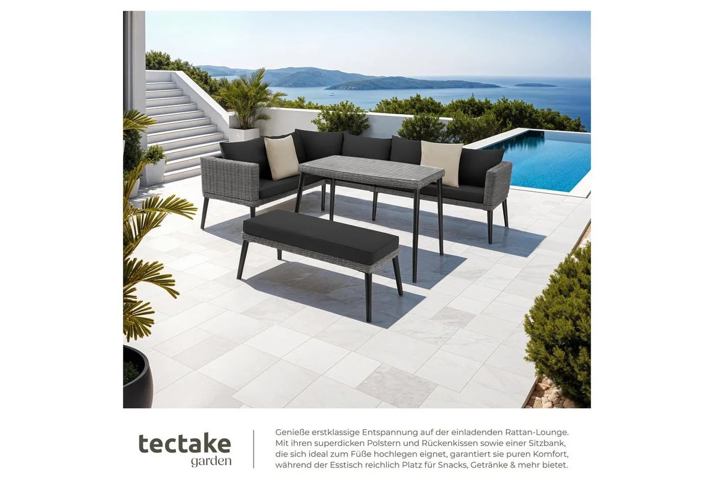 TECTAKE Loungeset Pula 3-tlg. Grau Aluminium Rattan mit Glasplatte - Bild 4