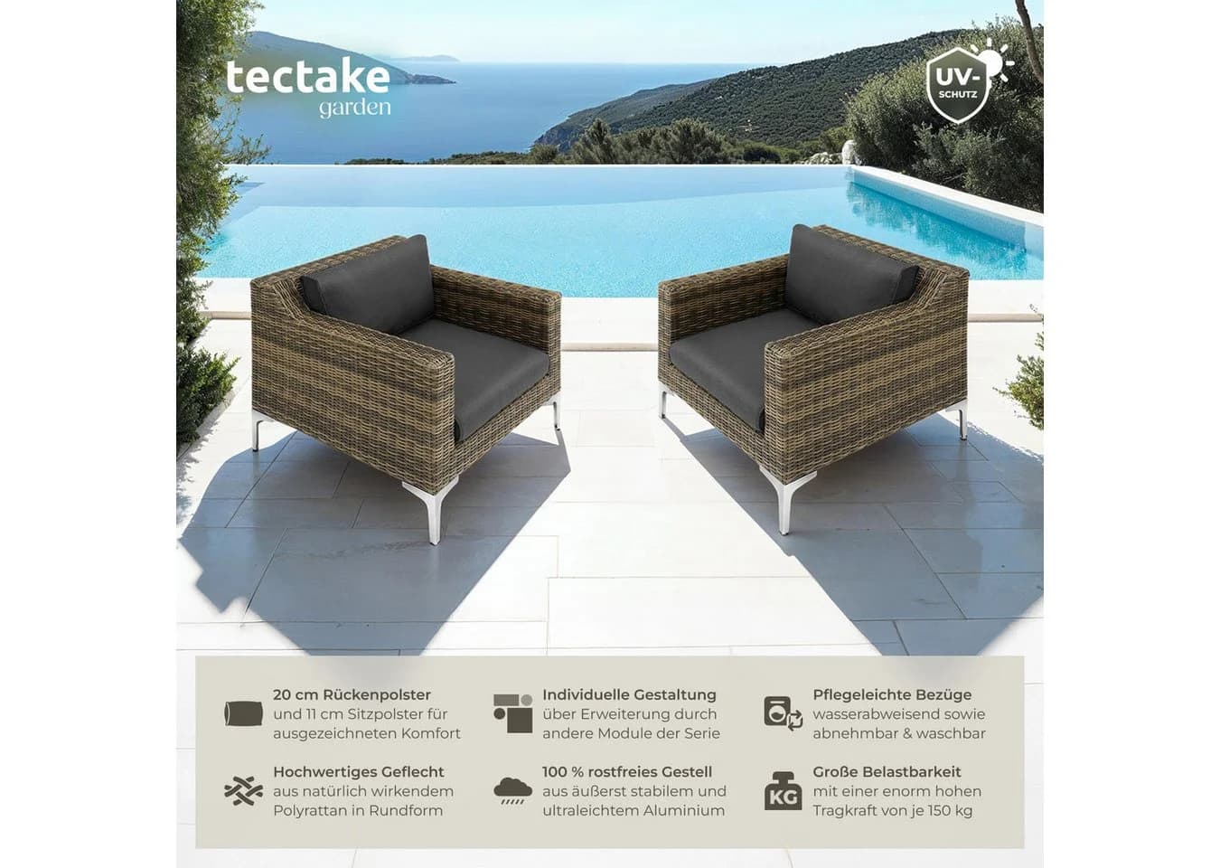 TECTAKE Loungeset Villanova 2 Sessel Aluminium Rattan grau