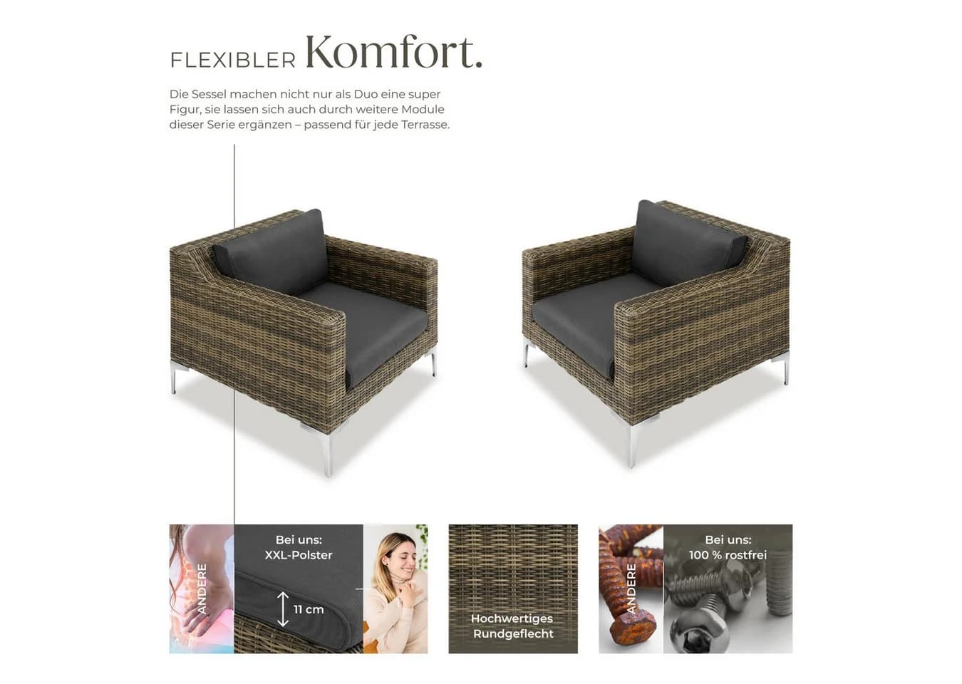 TECTAKE Loungeset Villanova 2 Sessel Aluminium Rattan grau - Bild 3