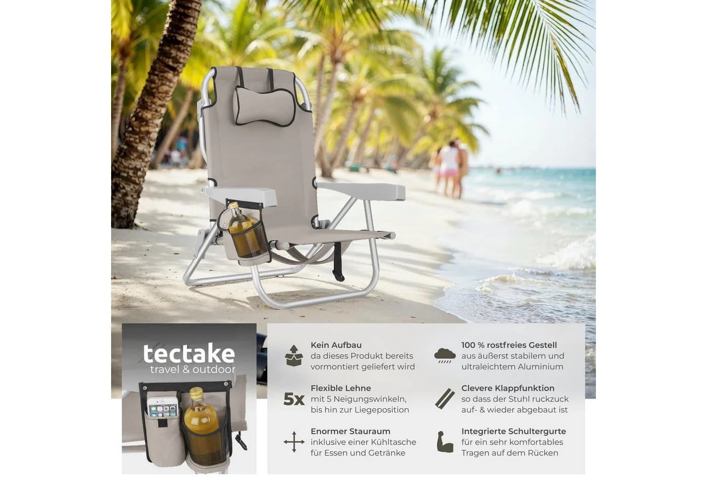 TecTake Aluminium Strandstuhl Coral mit Rucksackfunktion & Kühltasche - Bild 2