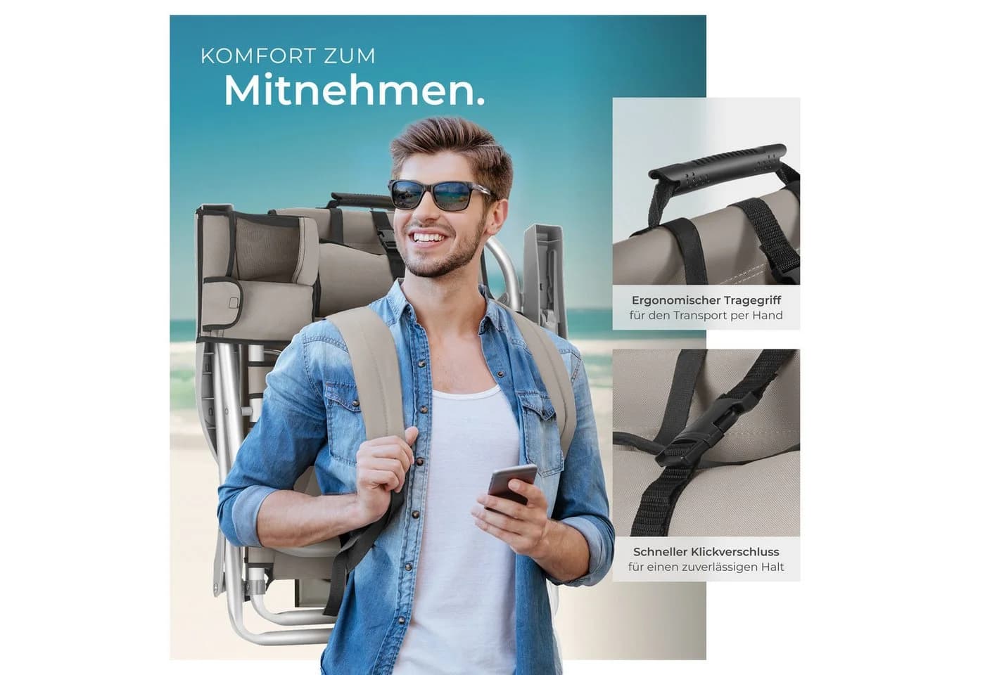 TecTake Aluminium Strandstuhl Coral mit Rucksackfunktion & Kühltasche - Bild 5
