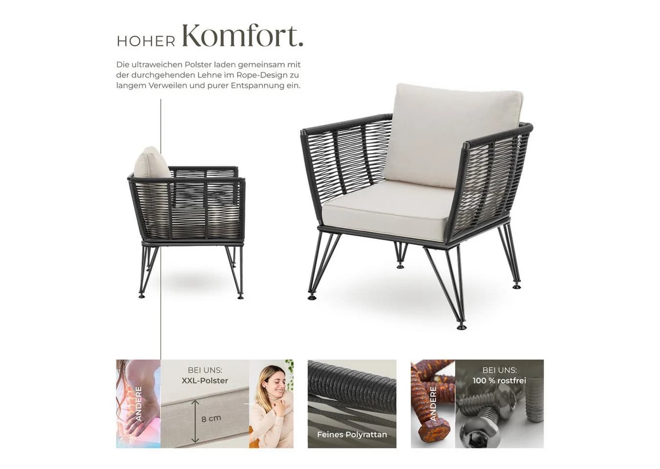 TECTAKE Garten-Loungesessel Sundo 4-tlg. Rope-Design Grau - Bild 4
