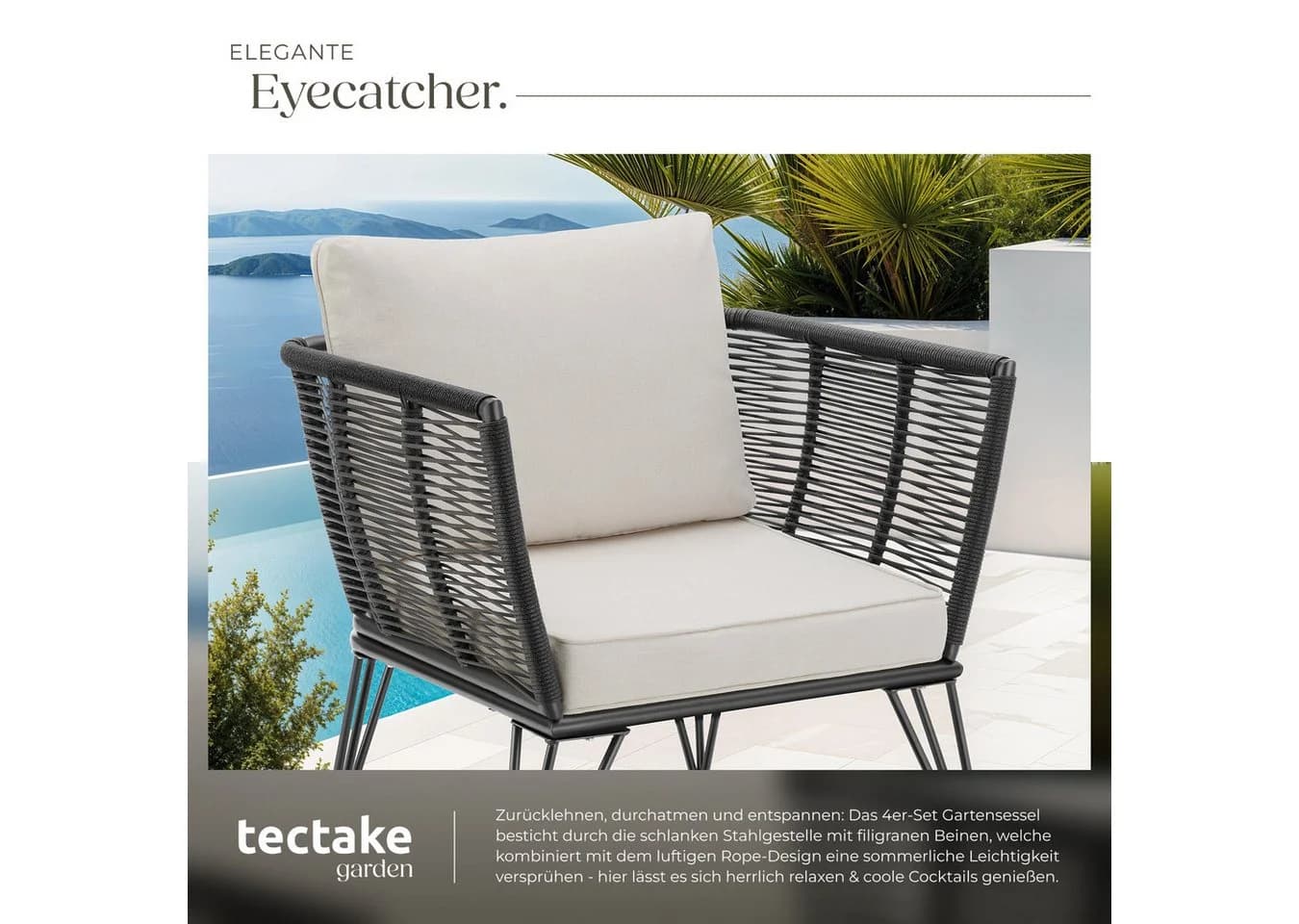 TECTAKE Garten-Loungesessel Sundo 4-tlg. Rope-Design Grau - Bild 5