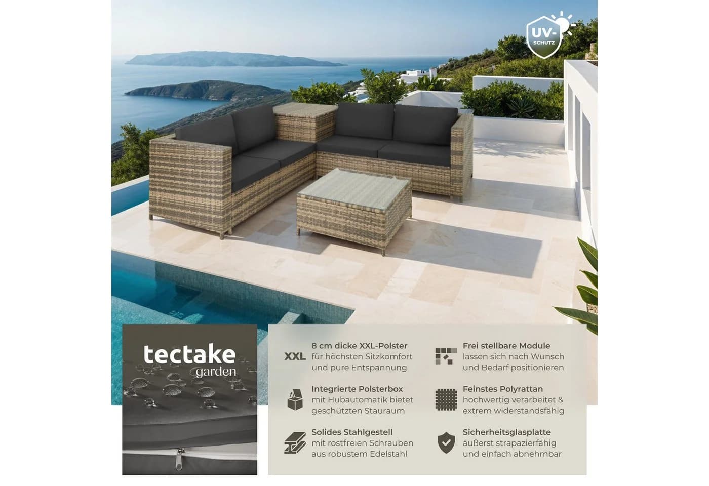tectake Loungeset Rattan Lounge 5-tlg. Robustes Gestell