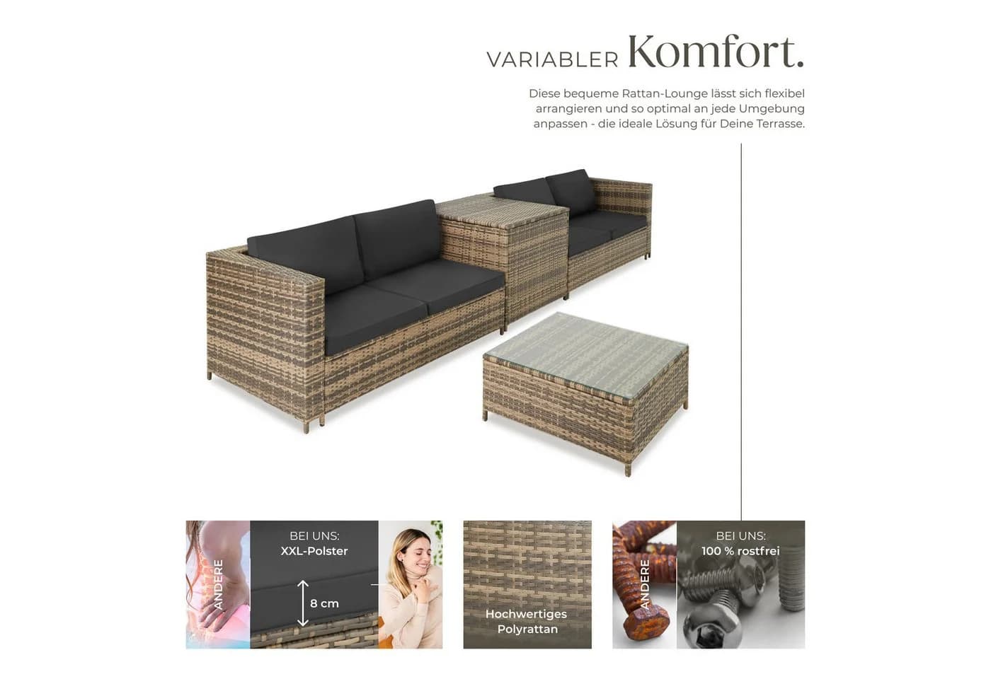 tectake Loungeset Rattan Lounge 5-tlg. Robustes Gestell - Bild 3