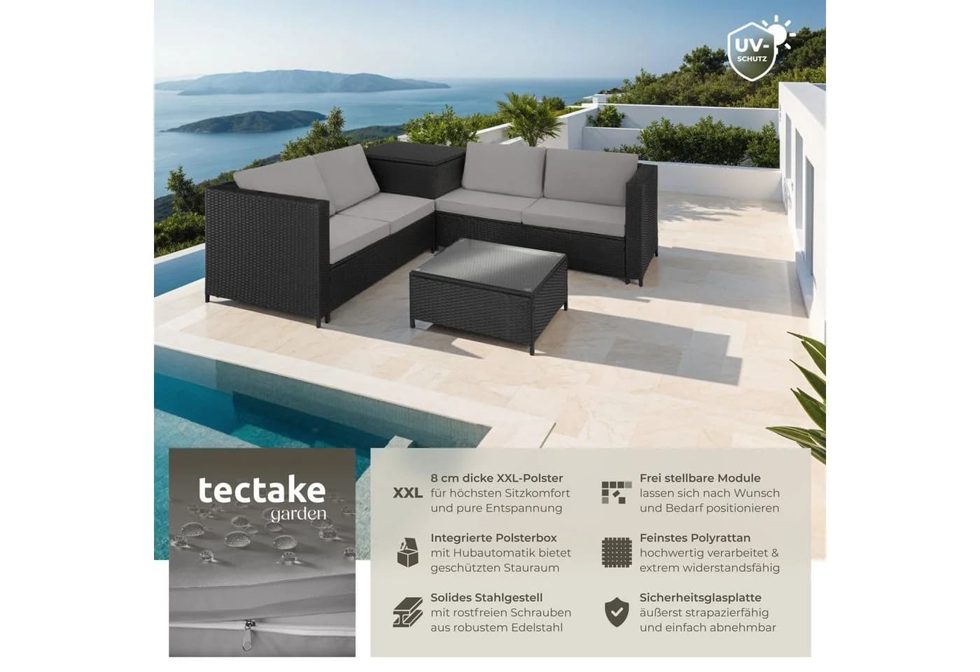 tectake Loungeset Rattan Sitzgruppe 5-tlg. Schwarz/Grau