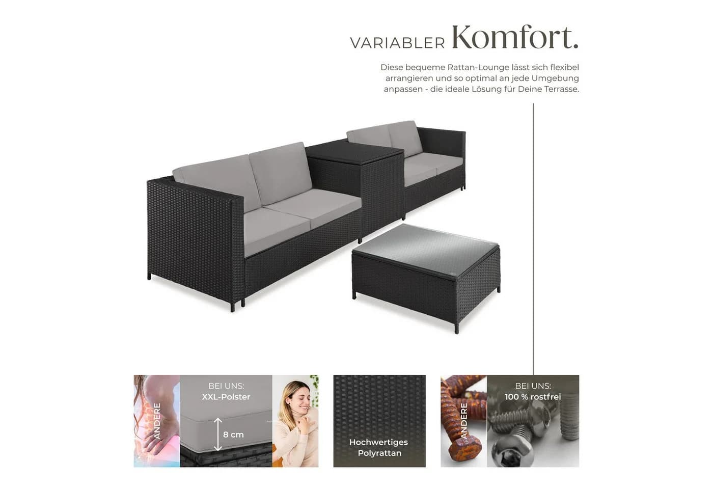 tectake Loungeset Rattan Sitzgruppe 5-tlg. Schwarz/Grau - Bild 3